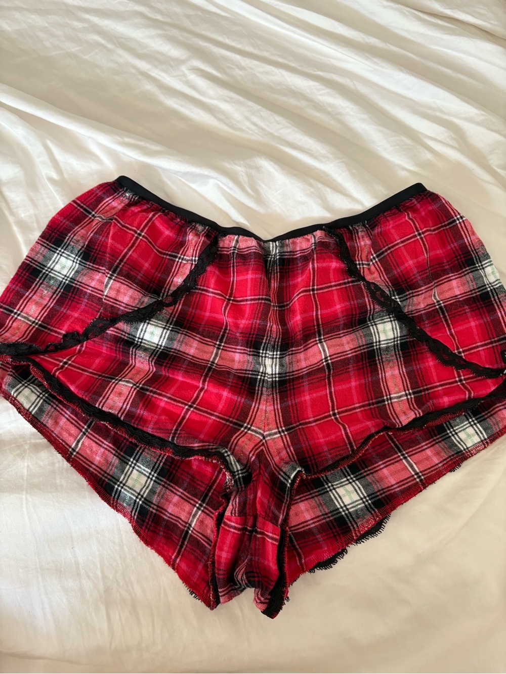 Victoria's Secret Red Plaid High Waist Lounge Shorts with Black Trim